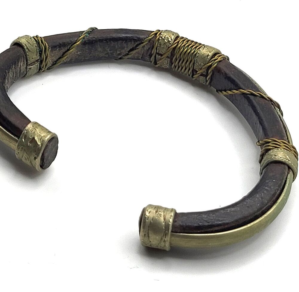 Antique Brass and Leather Cuff Bangle Bracelet 8in